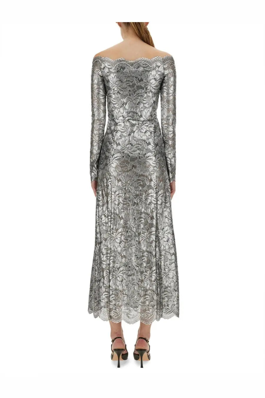 Rabanne womens long silver lace dress with metallic off-the-shoulder floral pattern and scalloped hem