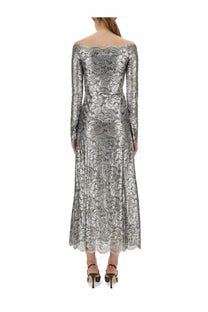 Rabanne womens long silver lace dress with metallic off-the-shoulder floral pattern and scalloped hem