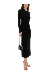 Rabanne womens long black wool dress with pleated knit midi design long sleeves and silver chain necklace accessory