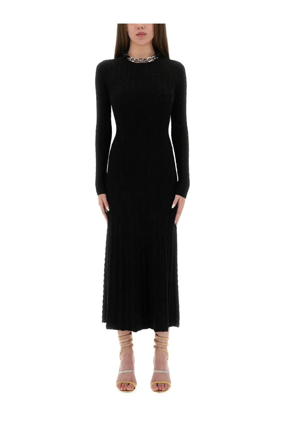 Rabanne women’s long black wool dress featuring a ribbed knit midi design with high neckline and pleated skirt