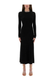 Rabanne women’s long black wool dress featuring a ribbed knit midi design with high neckline and pleated skirt