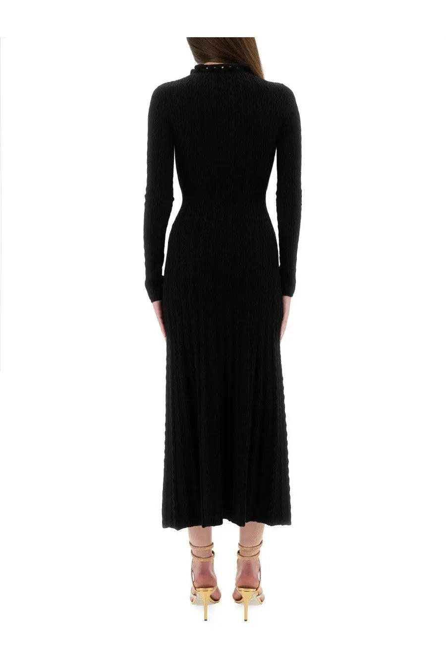 Black long-sleeved knit wool midi dress with high neckline and pleated skirt by Rabanne for women