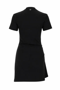 Black short-sleeved mini dress by rabanne with high neckline and asymmetrical hemline featuring piercing details