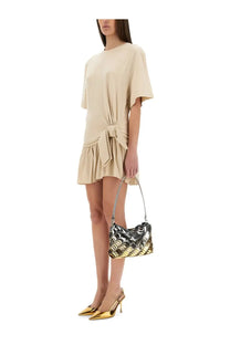 A shimmering black and gold sequined handbag with a sleek structured design styled with rabanne women’s mini dress beige