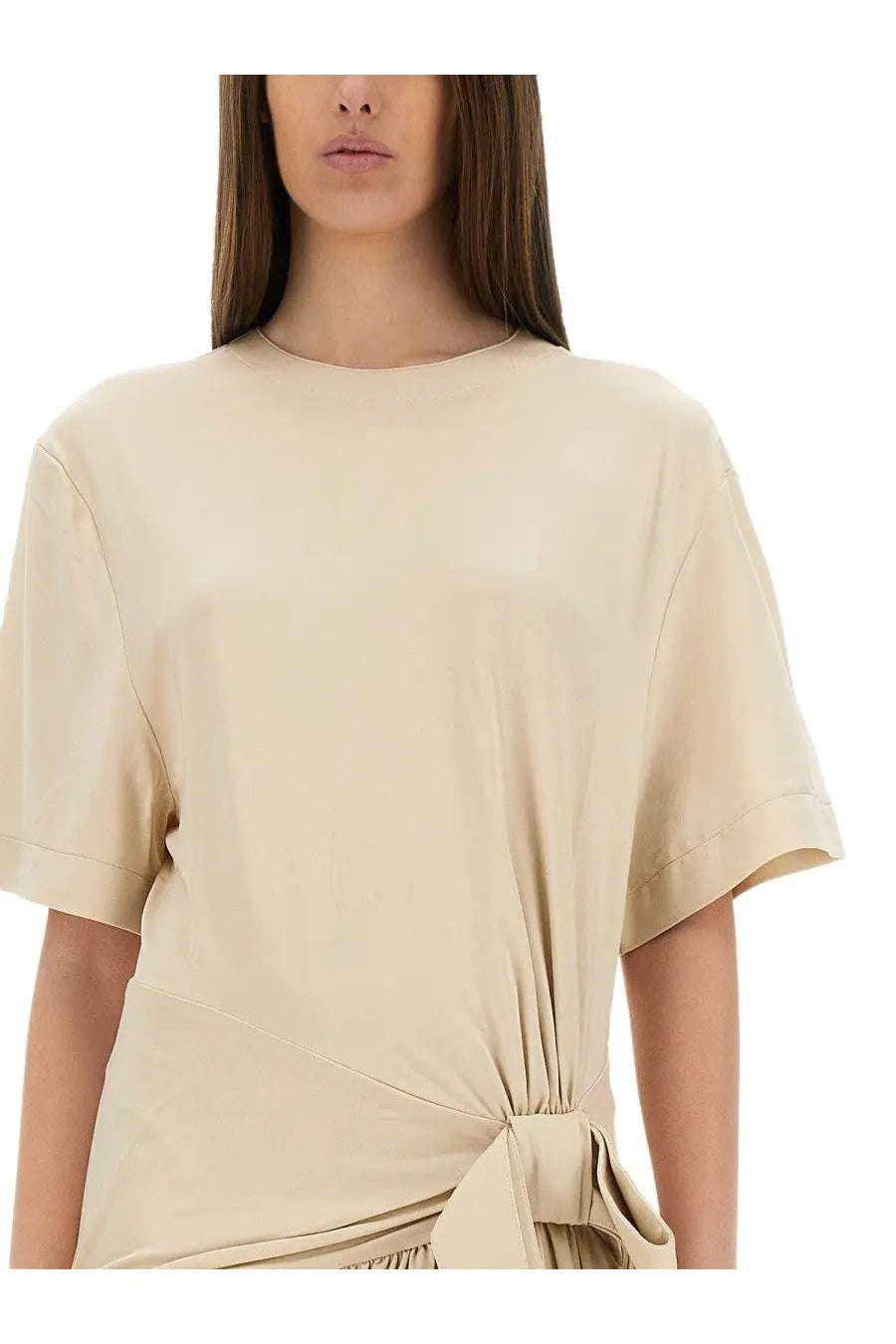Beige short-sleeved Rabanne mini dress with tied waist detail made from soft breathable fabric