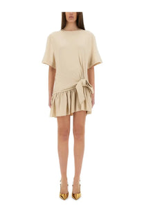 Beige rabanne women’s mini dress with short sleeves tied waist and ruffled hem perfect for casual wear