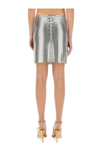Rabanne women’s silver mini skirt with shimmering metallic fabric and buttoned front closure