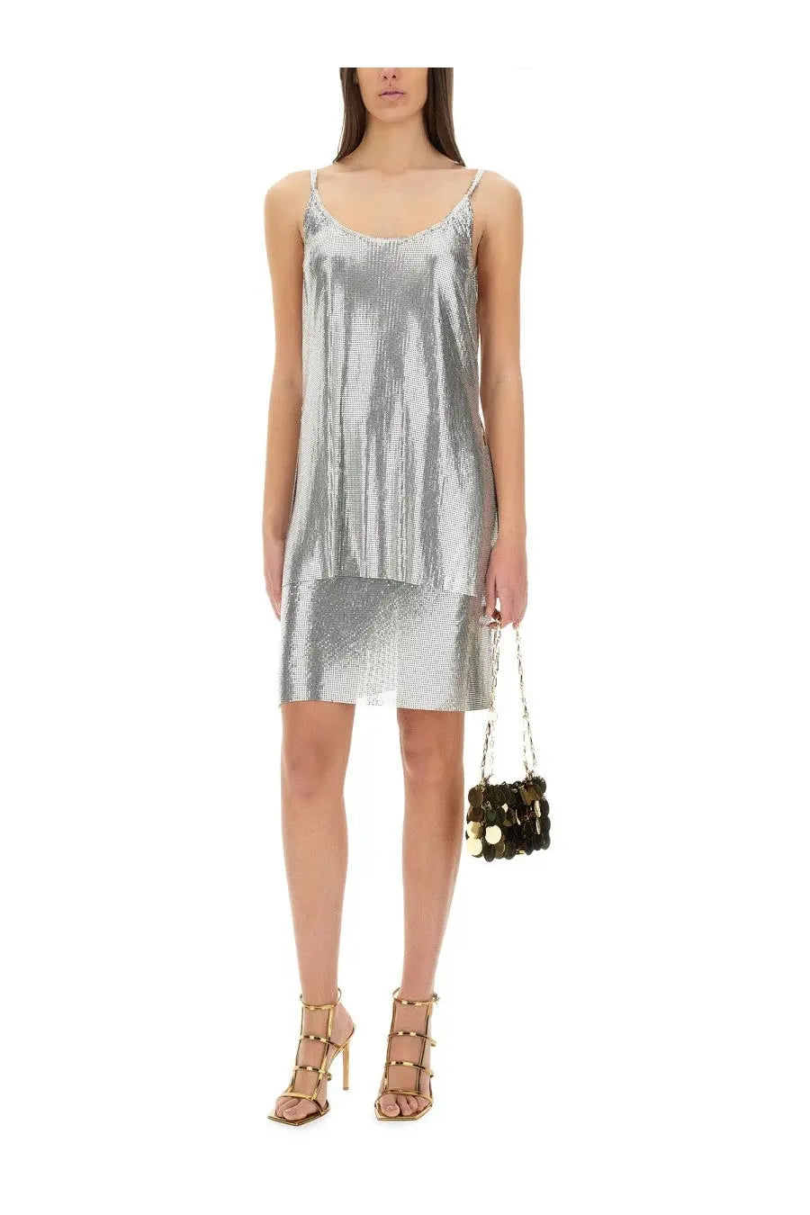 Silver metallic sequined slip dress with tiered hemline in rabanne womens mini skirt silver collection