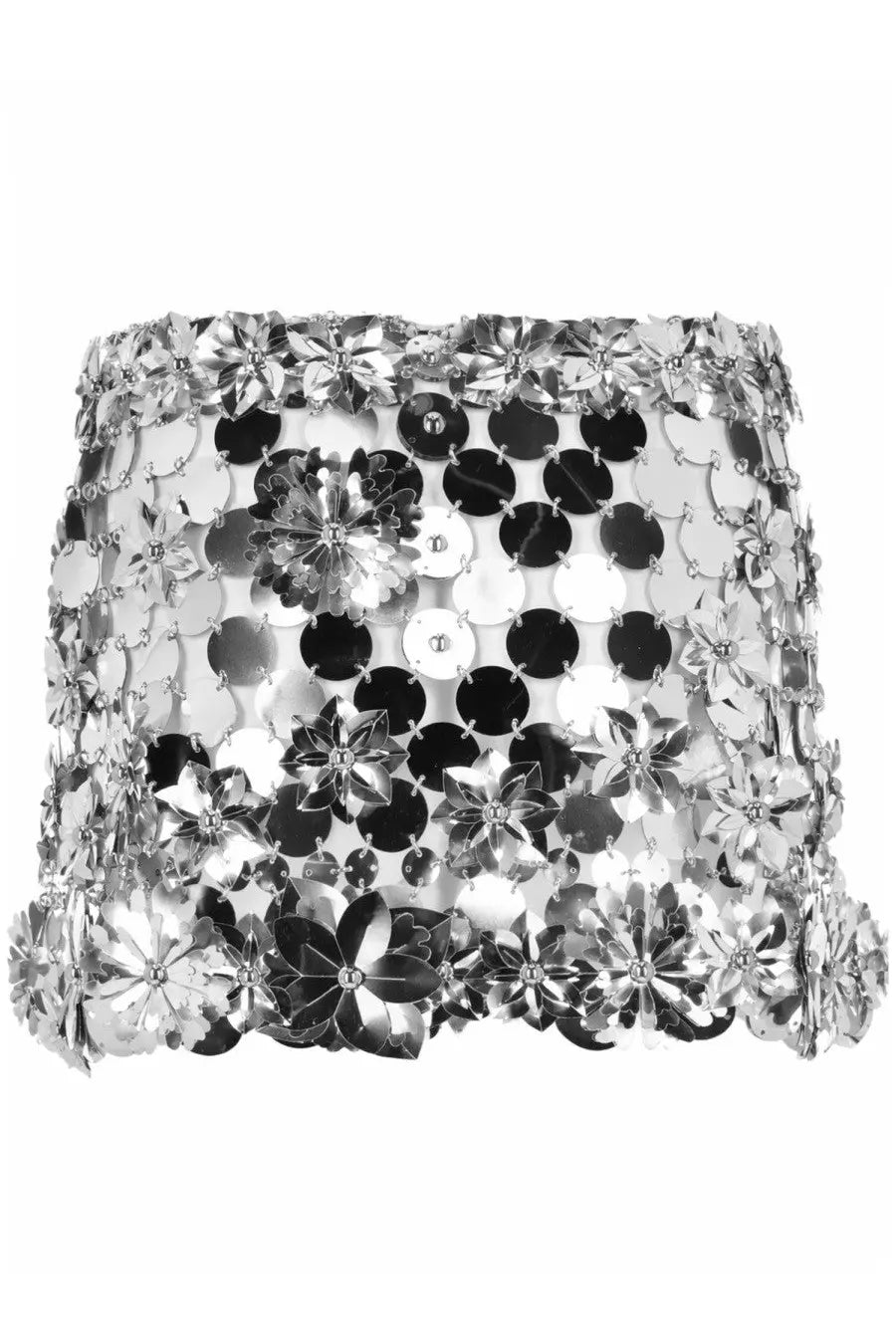 Rabanne women’s silver mini skirt with black sequins and intricate floral patterns for stylish occasions