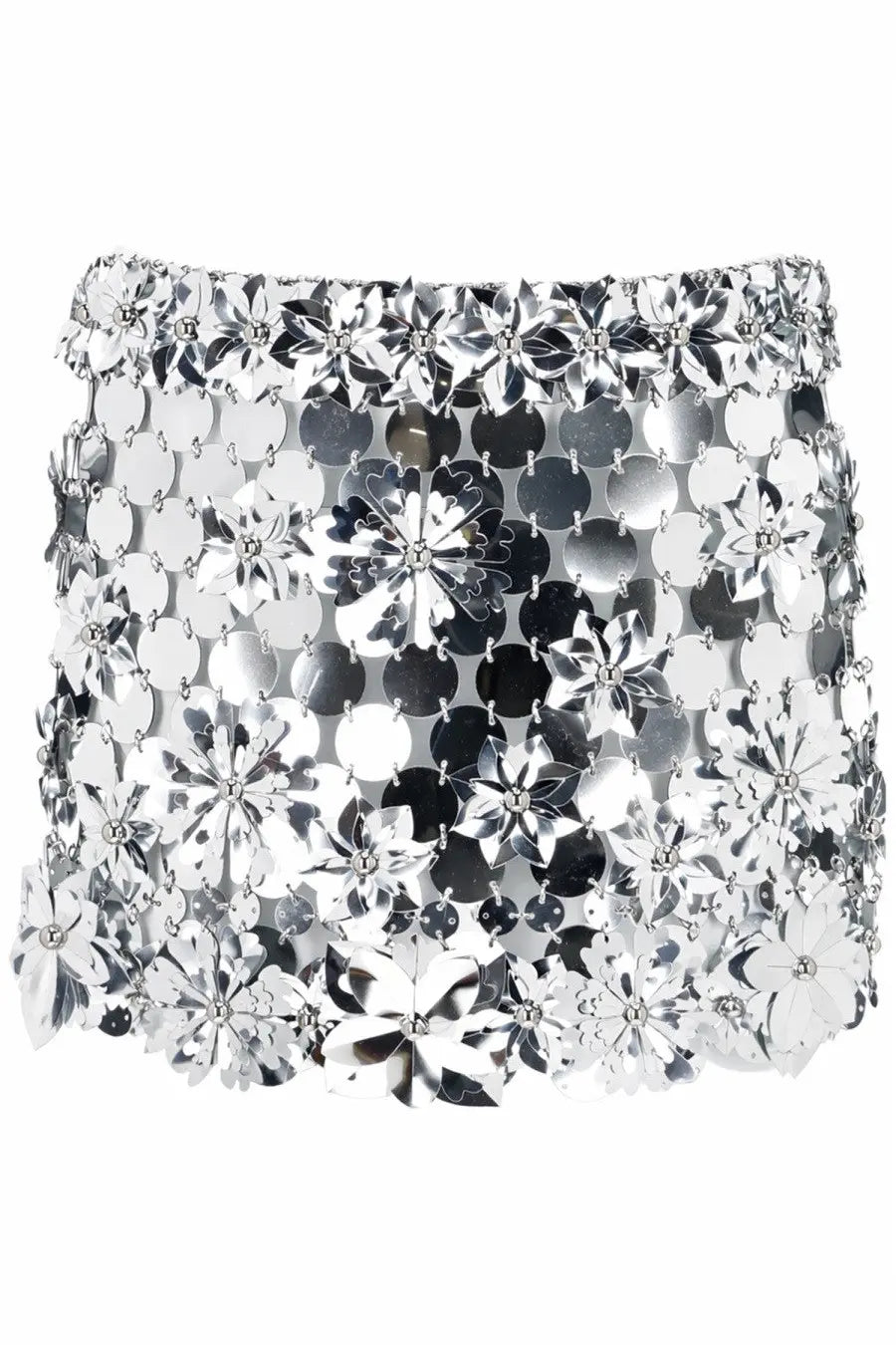 Rabanne women’s silver metallic mini skirt with reflective flower and circular sequin details