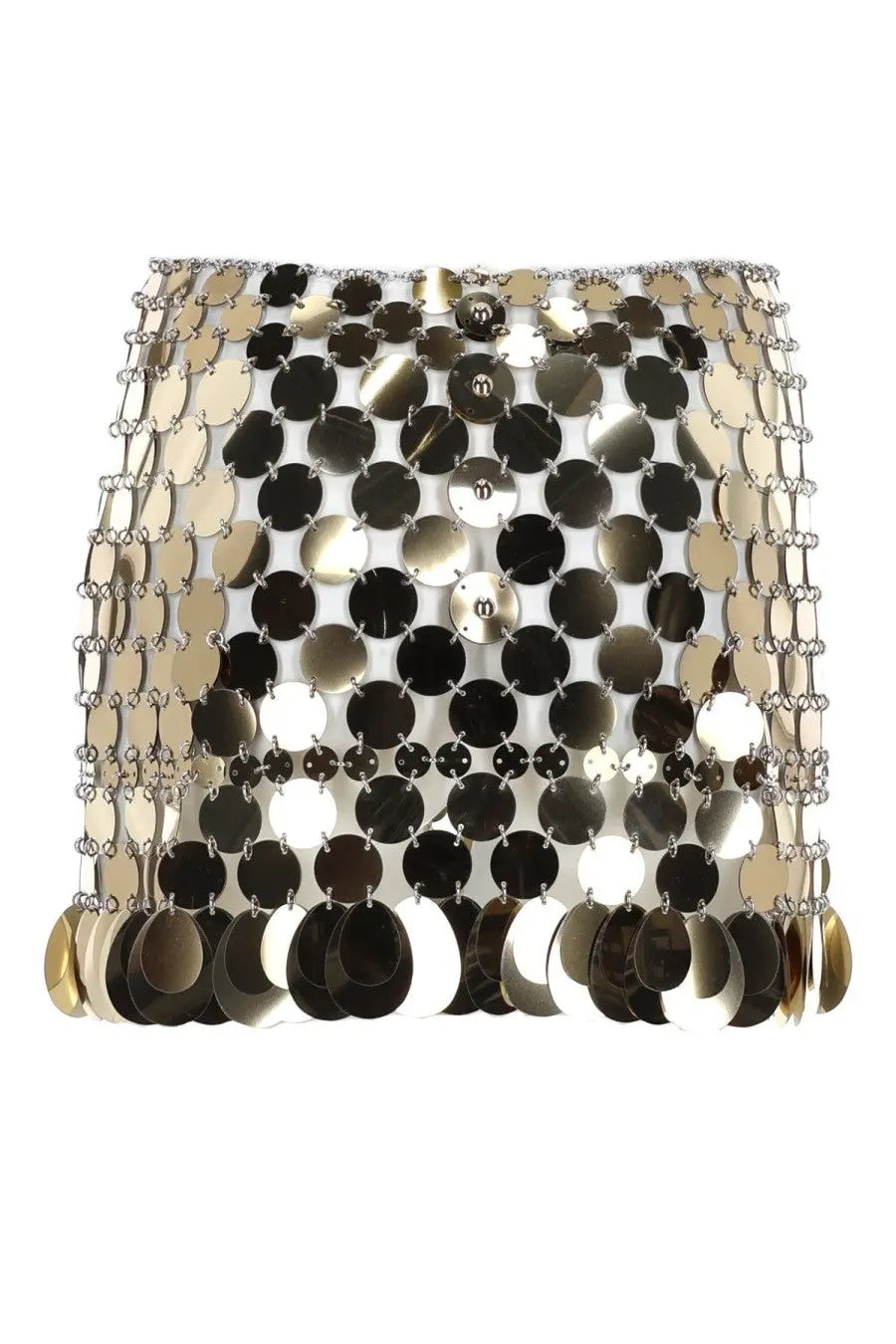 Rabanne women’s minigonna in paillettes gold metallic chainmail mini skirt with silver black discs and teardrop sequins hem