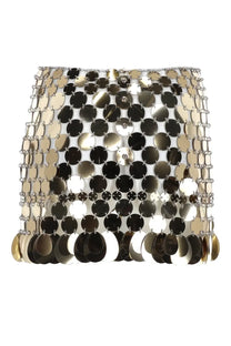 Rabanne women’s minigonna in paillettes gold metallic chainmail mini skirt with silver black discs and teardrop sequins hem