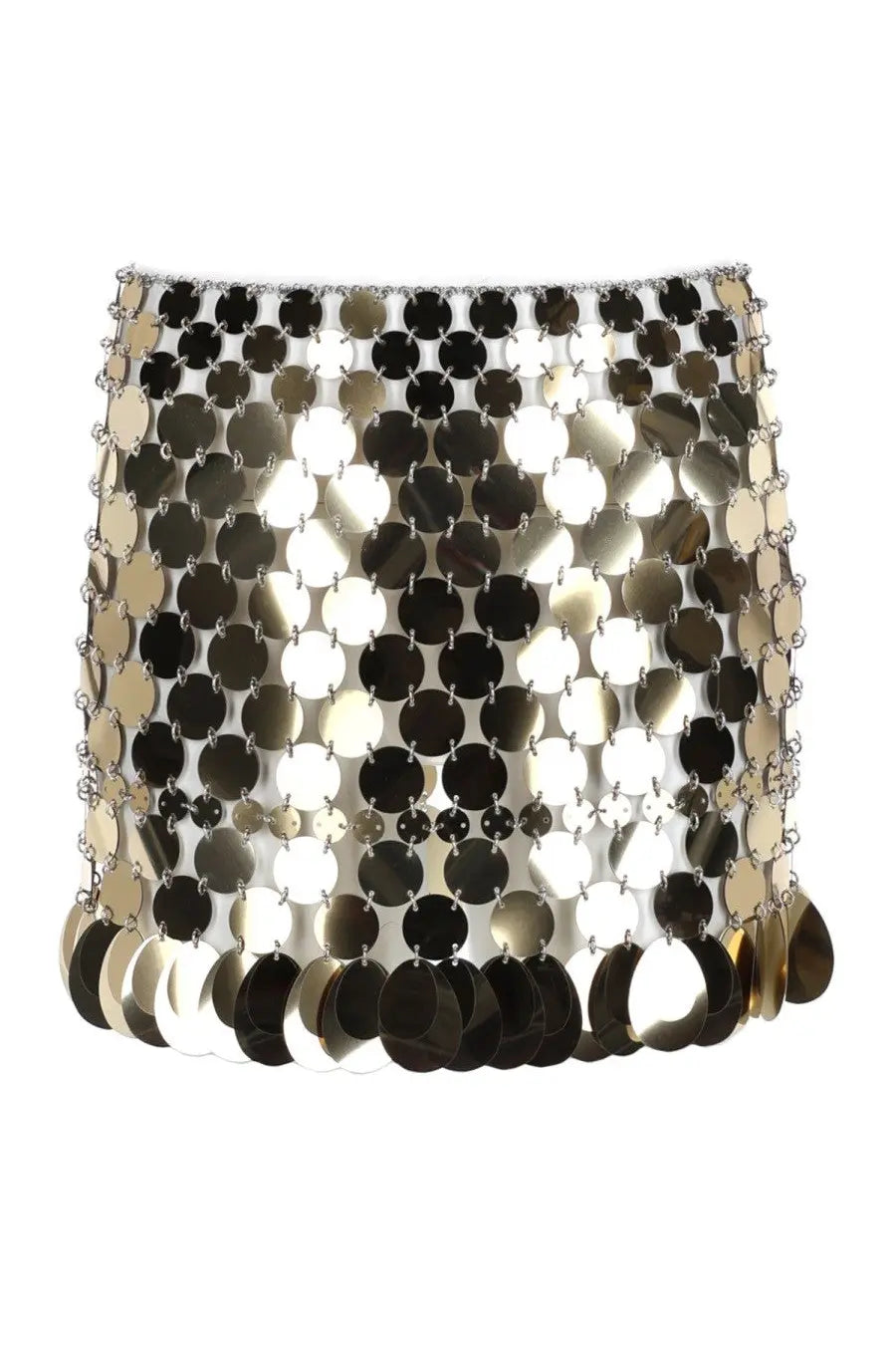 Rabanne women’s minigonna in paillettes gold featuring a metallic chainmail skirt with silver and black reflective discs and fringe hem