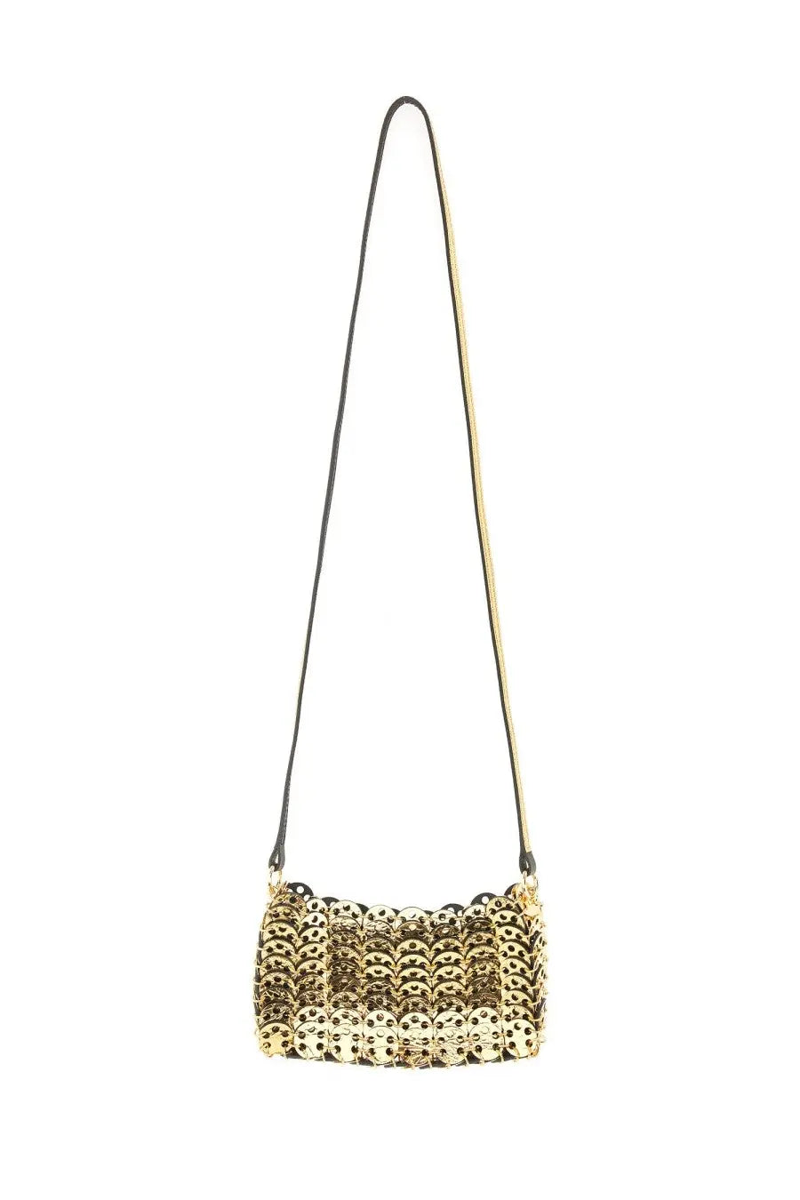 Rabanne women’s nano flip black crossbody bag with gold-toned chain link and black leather strap