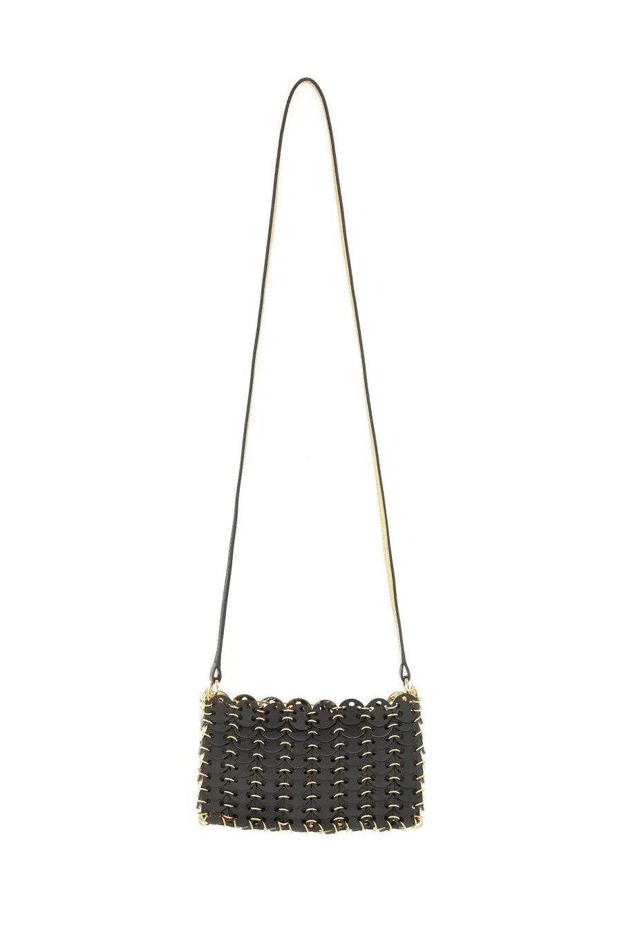 Rabanne women’s nano flip black leather crossbody bag with gold-tone chain-link hardware and shoulder strap