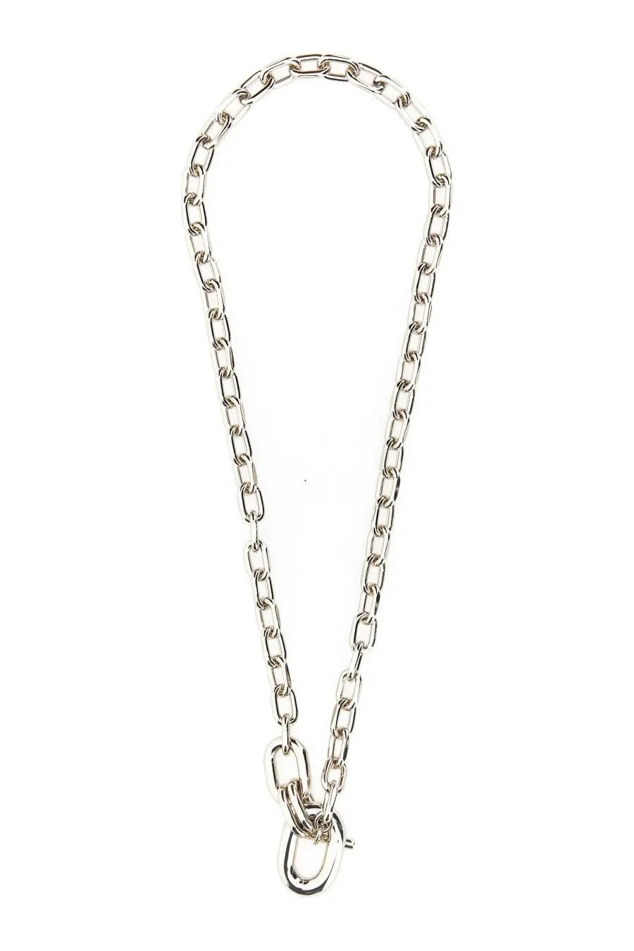 Rabanne women’s silver necklace with bold interlocking chain links and a prominent clasp in silver tone