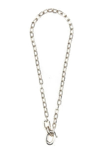 Rabanne women’s silver necklace with bold interlocking chain links and a prominent clasp in silver tone