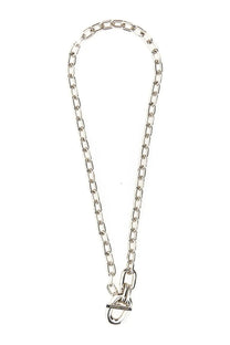 Rabanne women’s silver necklace with bold interlocking chain links and marc jacobs engraved clasp in silver tone