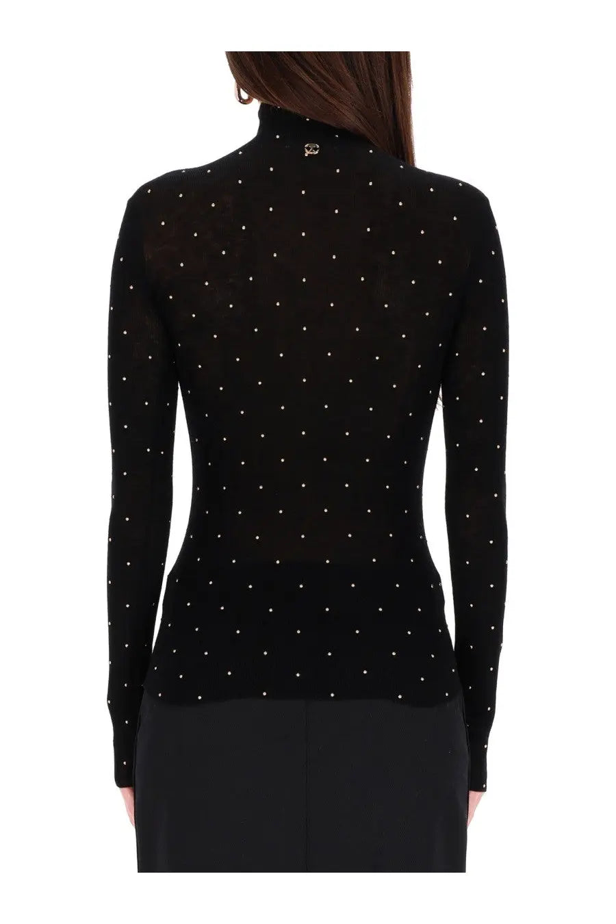 Rabanne women’s secon skin efect mesh black long-sleeved turtleneck top with white polka dots and metallic logo