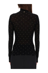 Rabanne women’s secon skin efect mesh black long-sleeved turtleneck top with white polka dots and metallic logo