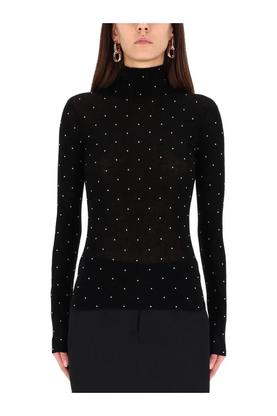 Rabanne women’s second skin efect mesh black long-sleeved turtleneck top with subtle white dot pattern