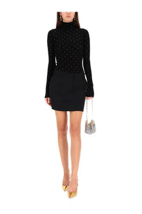 Rabanne women’s second skin efect mesh black long-sleeved turtleneck top with subtle white polka dots