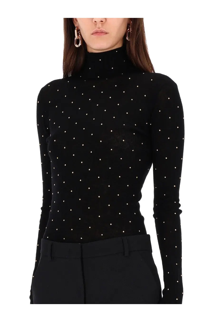 Rabanne women’s secon skin efect mesh black turtleneck top with delicate pattern of small white dots