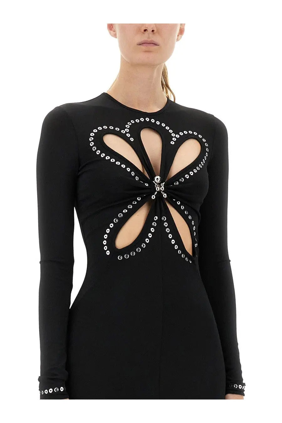 Rabanne women’s black long-sleeved second skin effect dress with butterfly cutout and crystal embellishment