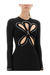 Rabanne women’s black long-sleeved second skin effect dress with butterfly cutout and crystal embellishment