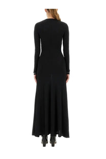Rabanne women’s second skin effect long dress in black with fitted bodice and flared maxi skirt and long sleeves