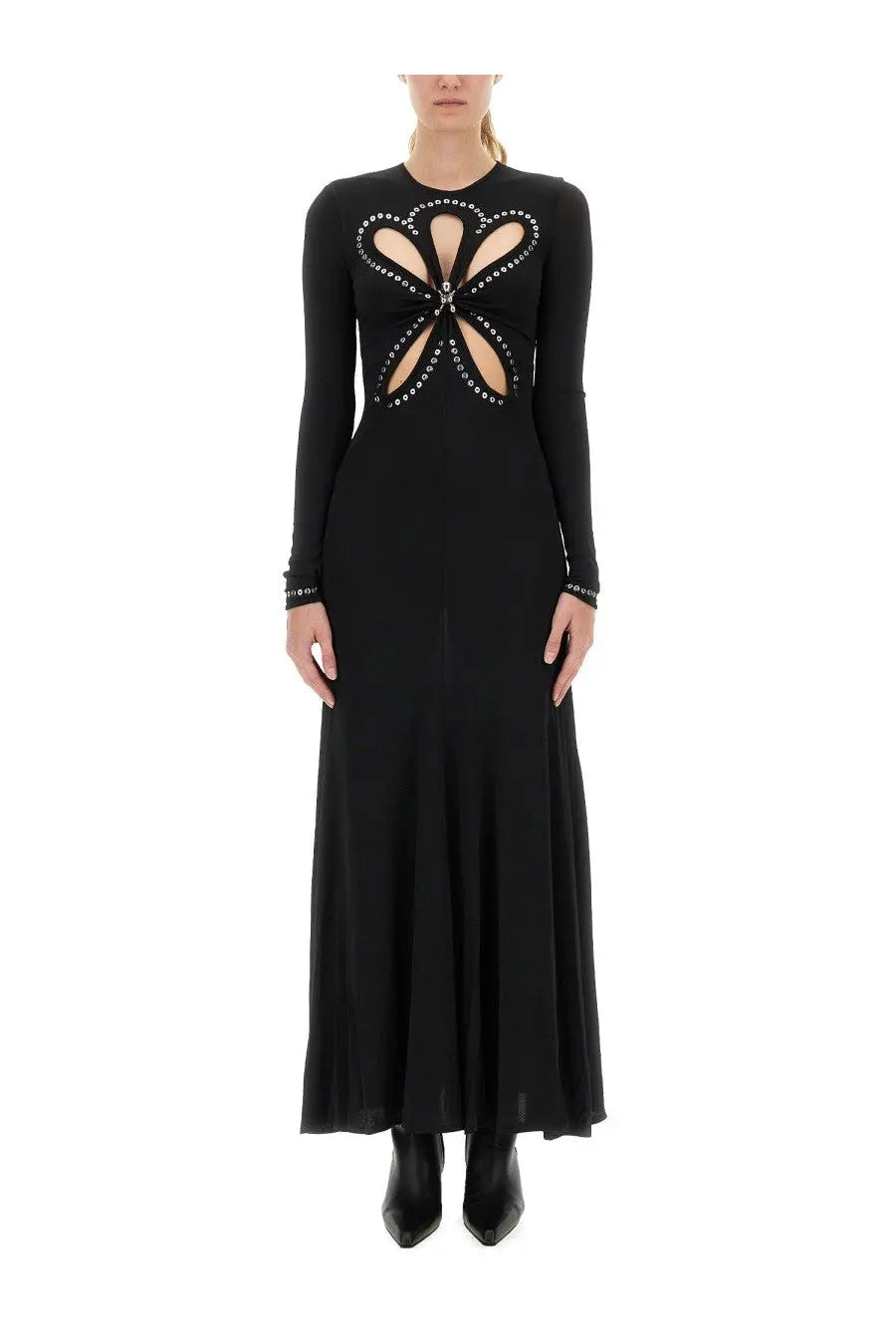 Rabanne women’s black long-sleeved maxi dress with floral cutout design and sparkling embellishments