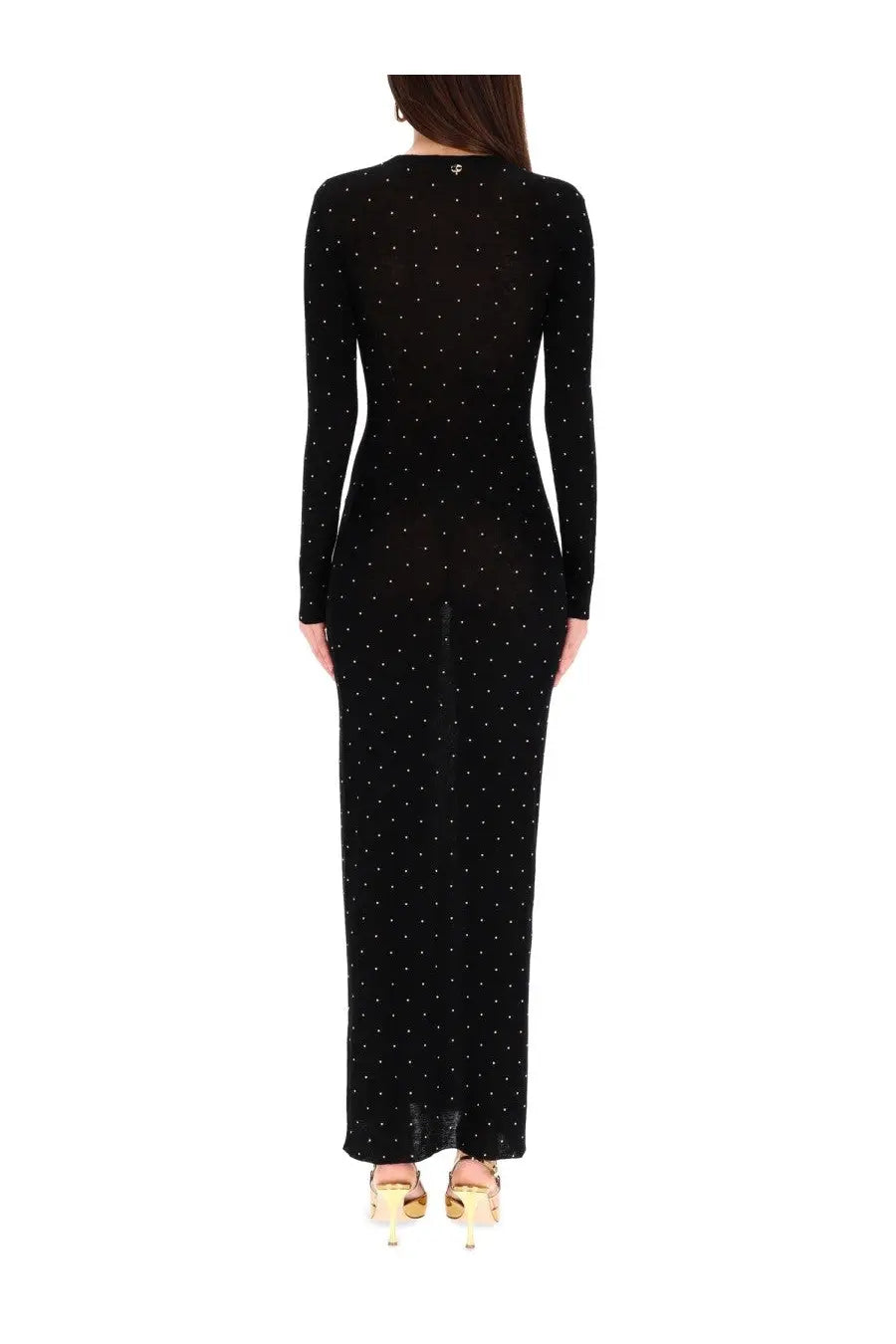 Rabanne women’s second skin effect black long-sleeved maxi dress with subtle polka dot pattern