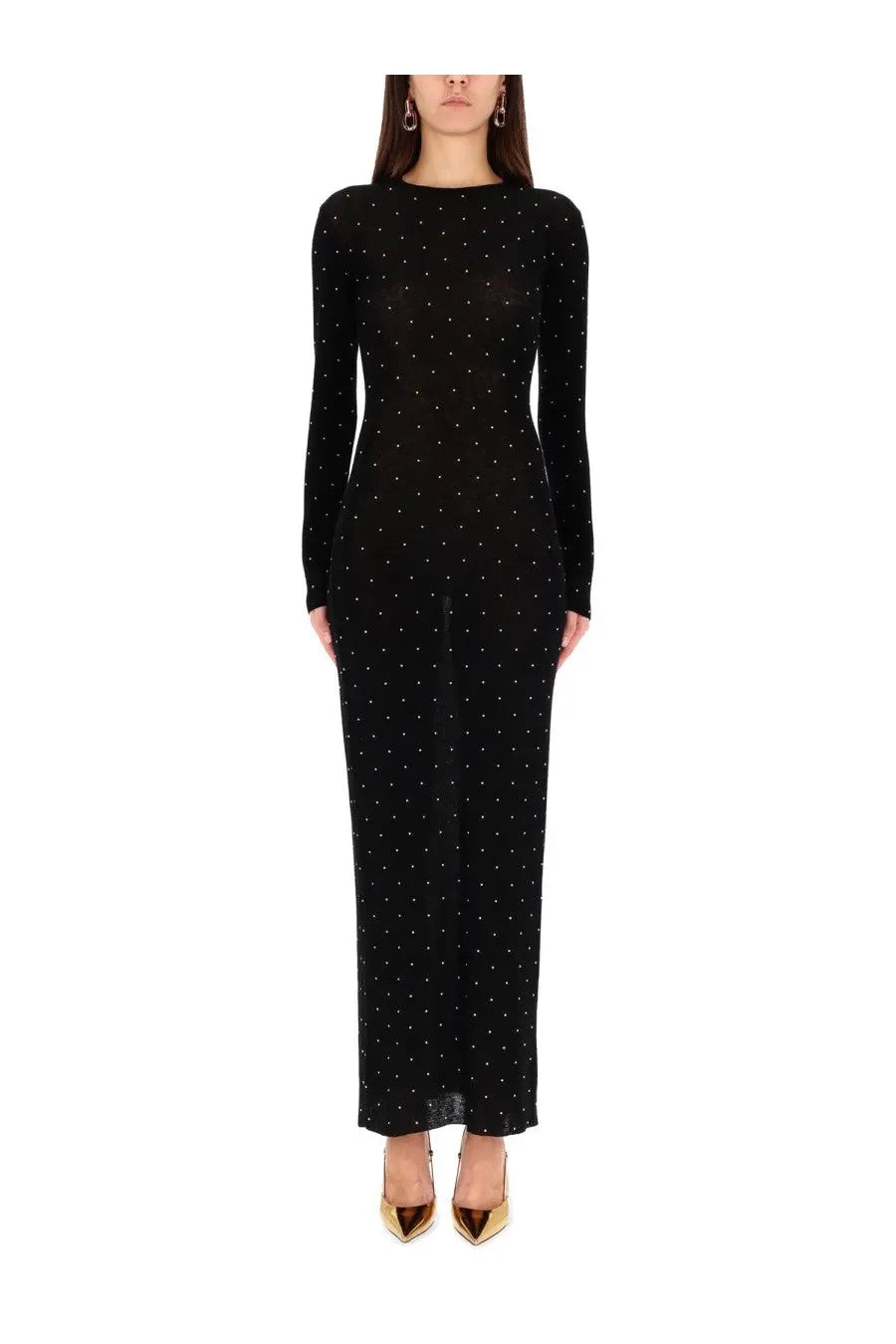 Rabanne women’s black long-sleeved second skin effect dress with subtle white polka dots