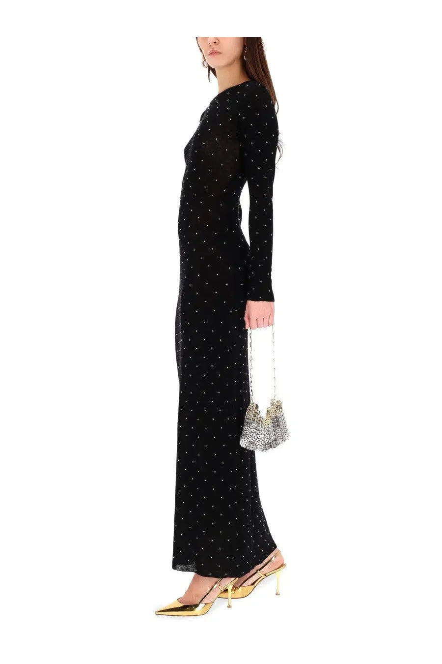 Rabanne women’s second skin effect long black dress with subtle white polka dots and a sleek form-fitting silhouette