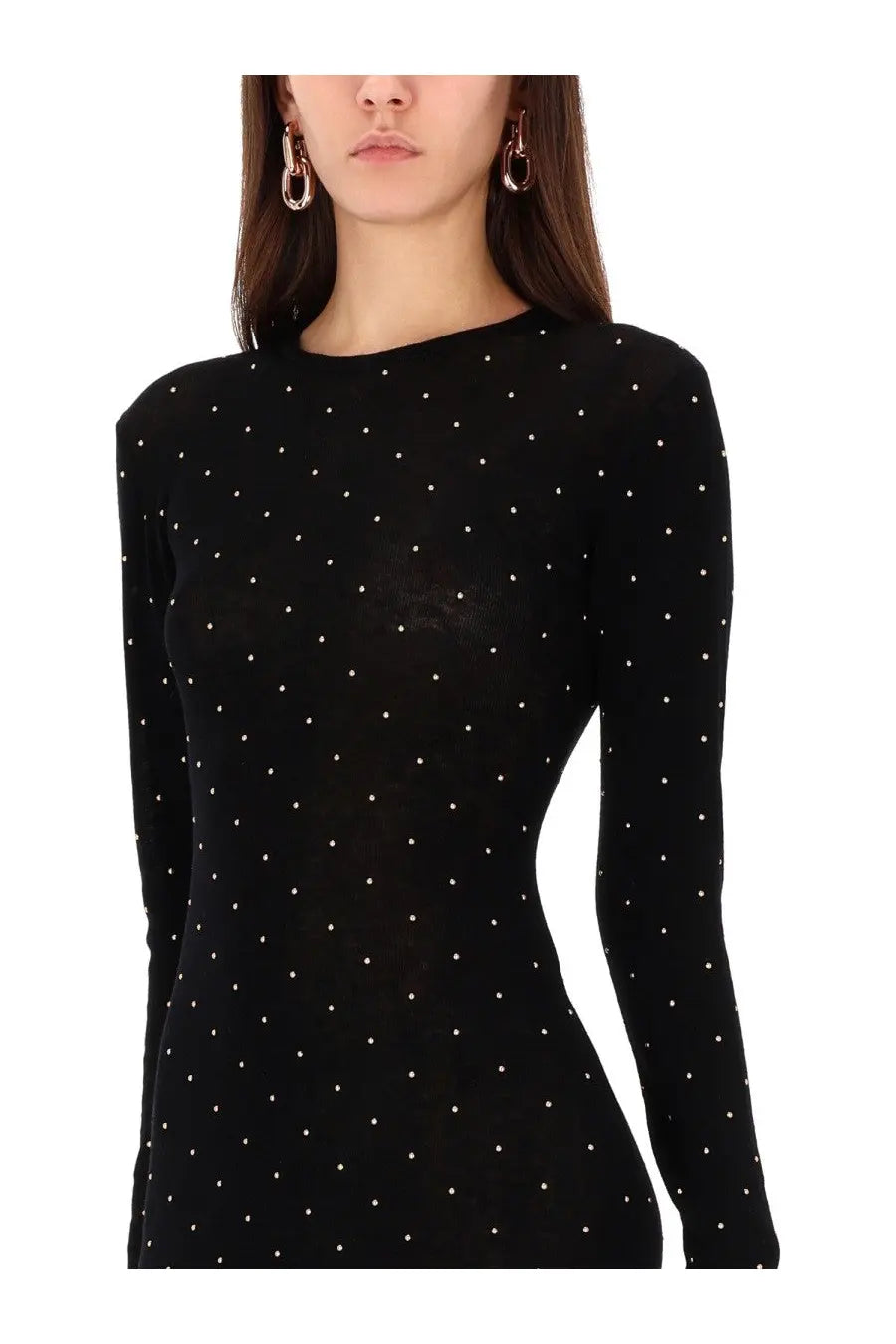 Rabanne women’s second skin effect long dress in black with white polka dots and long sleeves