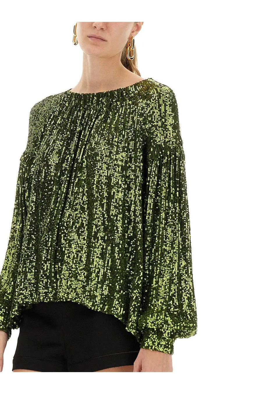 Rabanne women’s sequin blouse in shimmering olive green with a loose flowing silhouette and long sleeves