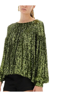 Rabanne women’s sequin blouse in shimmering olive green with a loose flowing silhouette and long sleeves