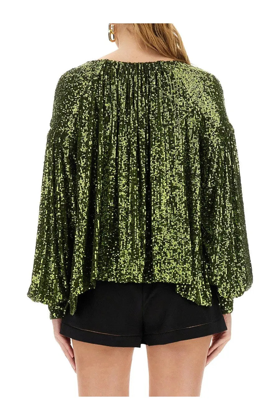 Rabanne women’s sequin blouse green with shimmering olive green sequins and loose flowing silhouette with wide sleeves