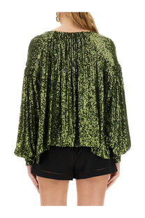 Rabanne women’s sequin blouse green with shimmering olive green sequins and loose flowing silhouette with wide sleeves