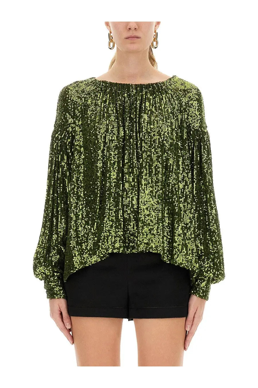 Rabanne women’s sequin blouse green with shimmering olive green sequins, long sleeves, and a loose flowing silhouette