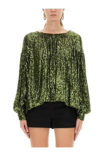 Rabanne women’s sequin blouse green with shimmering olive green sequins, long sleeves, and a loose flowing silhouette