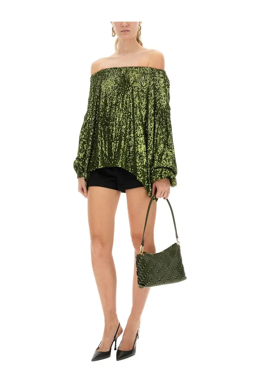 Olive green studded handbag with gold-tone hardware complementing rabanne women’s sequin blouse green