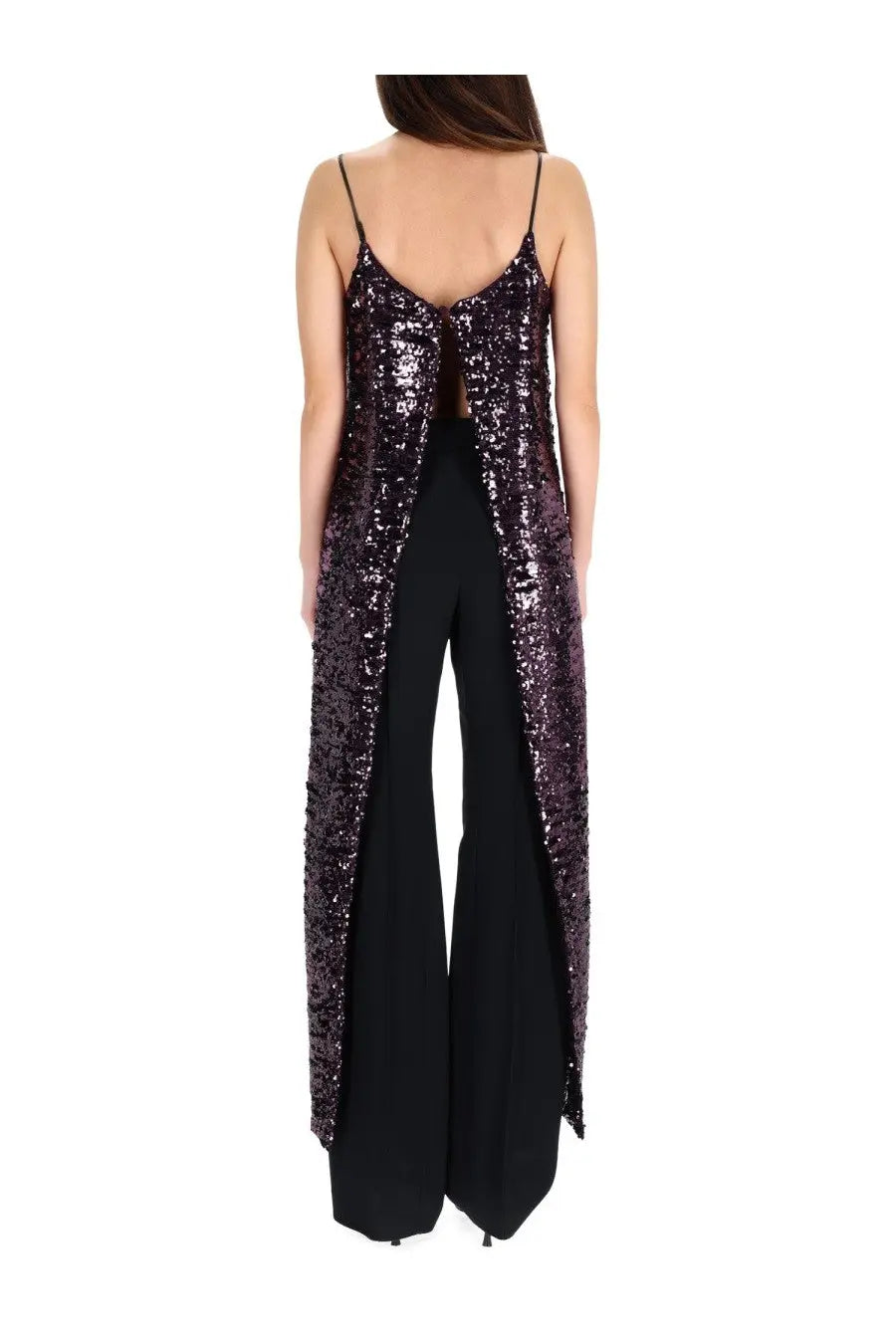 Rabanne women’s sequined top purple shimmering dark purple camisole with spaghetti straps and back cutout worn over pants