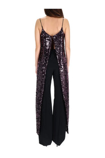 Rabanne women’s sequined top purple shimmering dark purple camisole with spaghetti straps and back cutout worn over pants