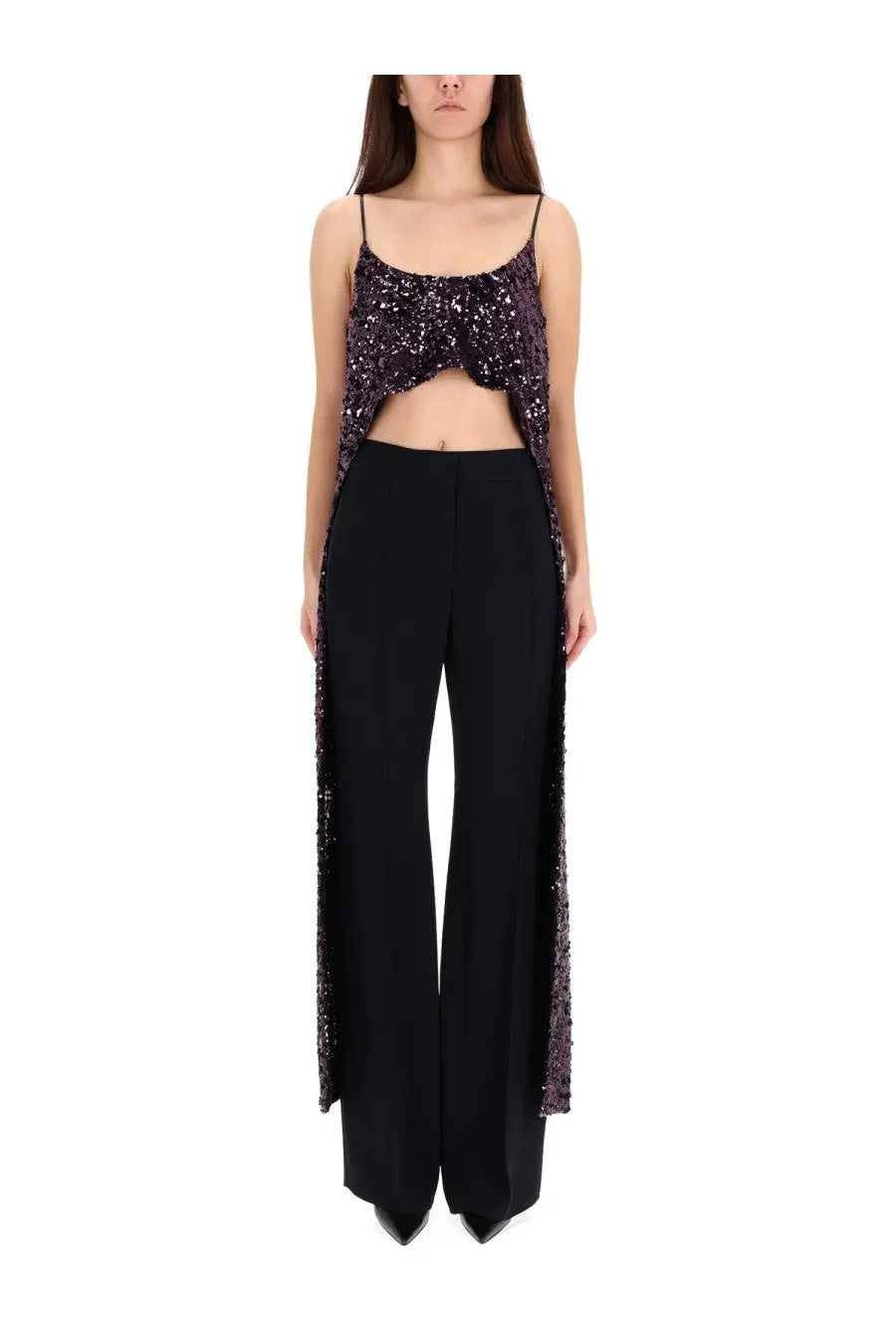 Rabanne women’s dark purple sequined crop top with thin straps and cape-like sides paired with black trousers