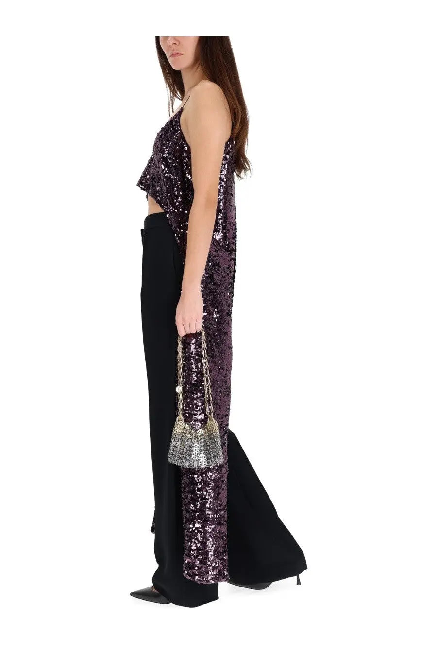 Rabanne women’s sequined purple top paired with a shimmering silver sequined mini bag with chain strap and pearl accents