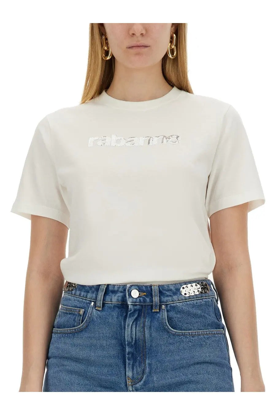 Cream-colored ribbed cotton t-shirt with silver rabanne logo across the chest for women