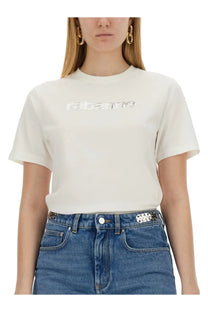 Cream-colored ribbed cotton t-shirt with silver rabanne logo across the chest for women