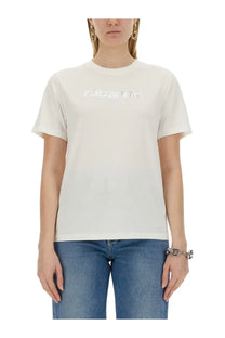 Off-white ribbed cotton rabanne women’s shirt featuring a subtle reflective logo across the chest