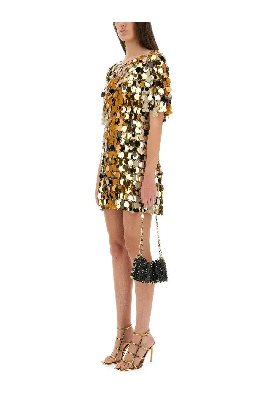 Rabanne women’s mini dress with shimmering gold and black sequins and short sleeves perfect for sparkling occasions